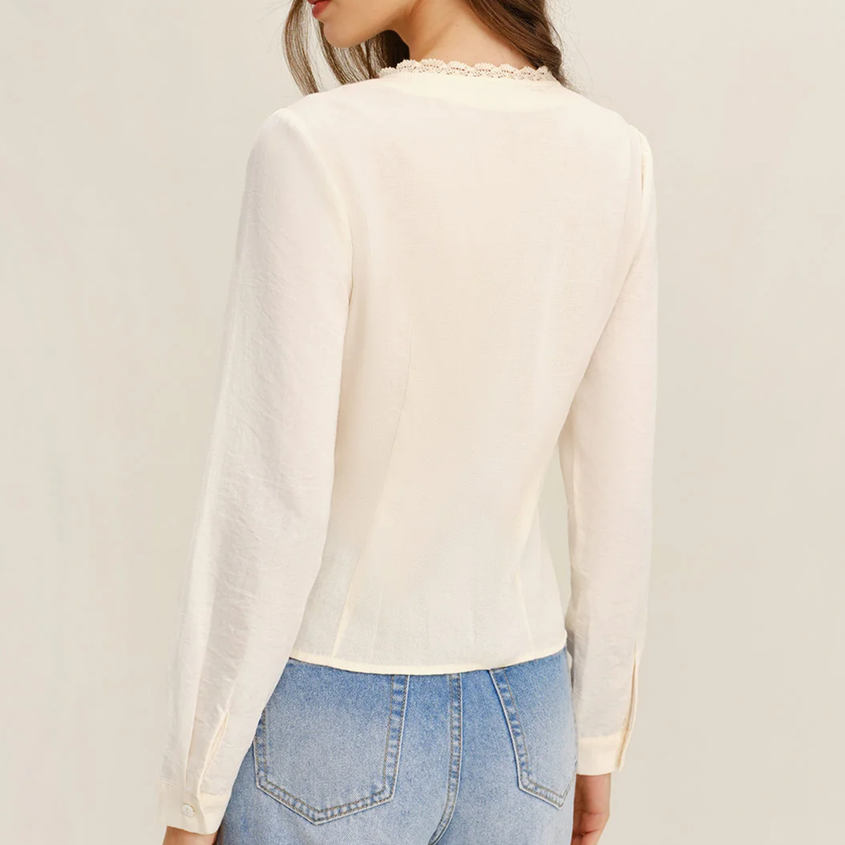 V‑Neck Lace Trim Button‑Front Elegant Blouse