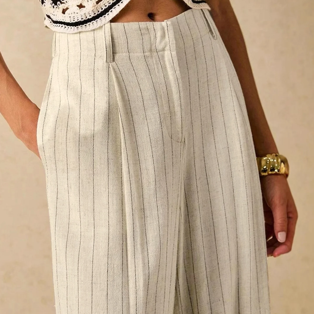 Striped Natural Waist Straight‑Leg Cropped Trousers