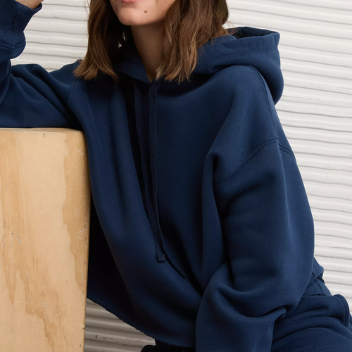 Blue Cut‑Off Hem Drawstring Hooded Fleece Sweatshirt